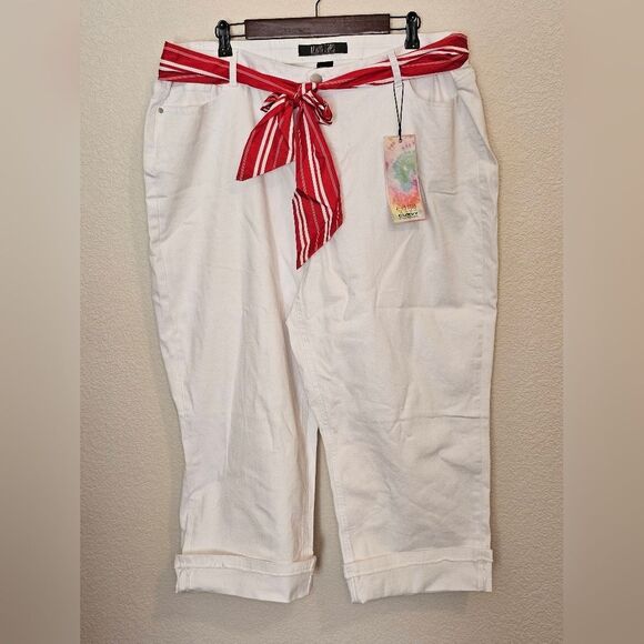 Alivia Ford Women's Capri sz 24 White Denim Cuffed Pants with Tie Belt - Picture 1 of 4
